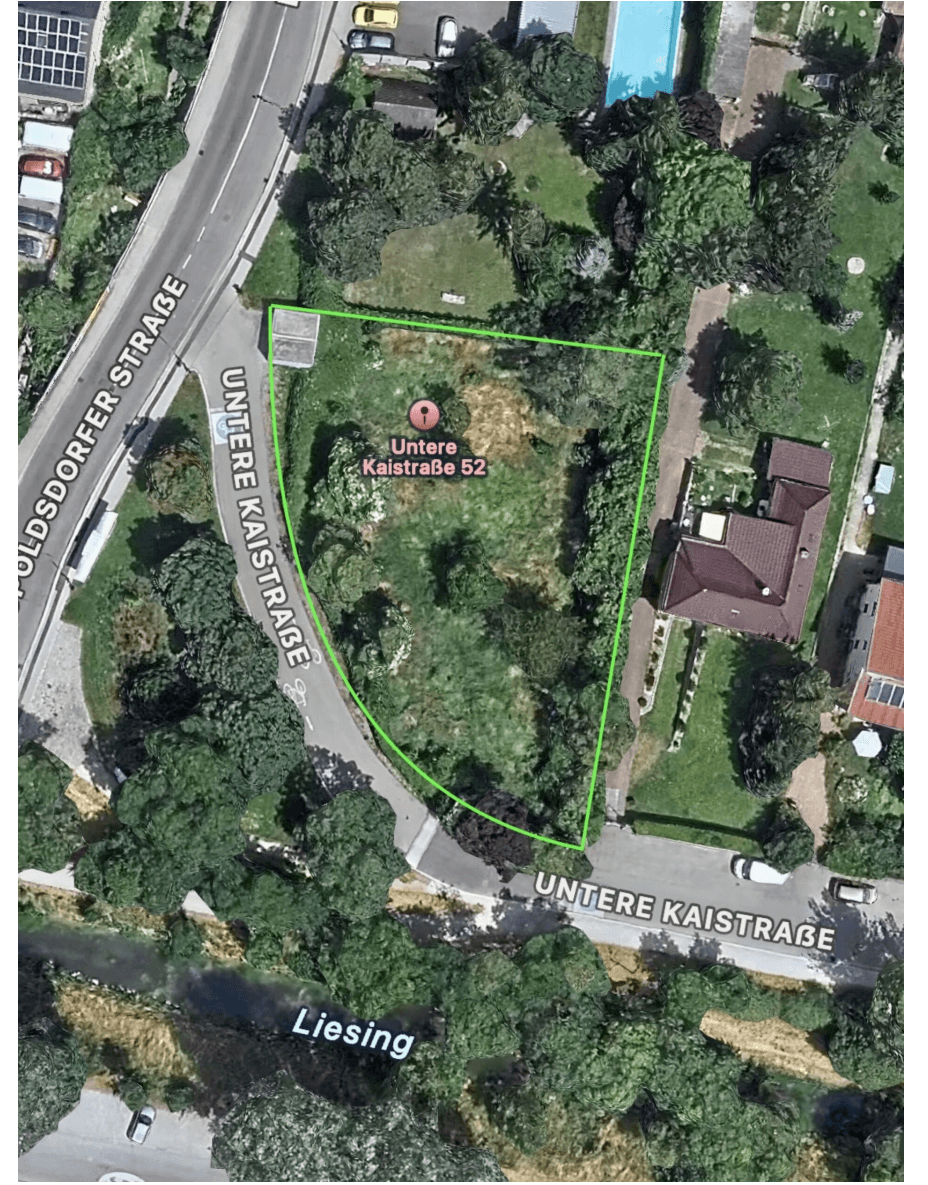Luftbild mit Grundstücksgrenze Untere Kaistraße 52, 1100 Wien-Oberlaa