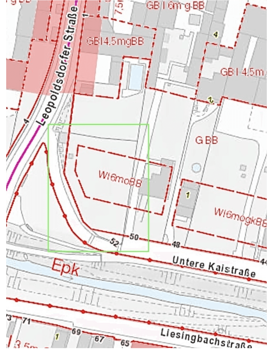 Flächenwidmungsplan Untere Kaistraße 52 in Wien-Oberlaa — Bauland Wohngebiet, Bauklasse I, 6 m, offene Bebauung